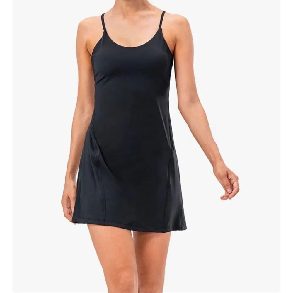 Ewedoos Womens Black Tennis Dress Athletic Dress Built-In Bra Shorts Pockets Sz